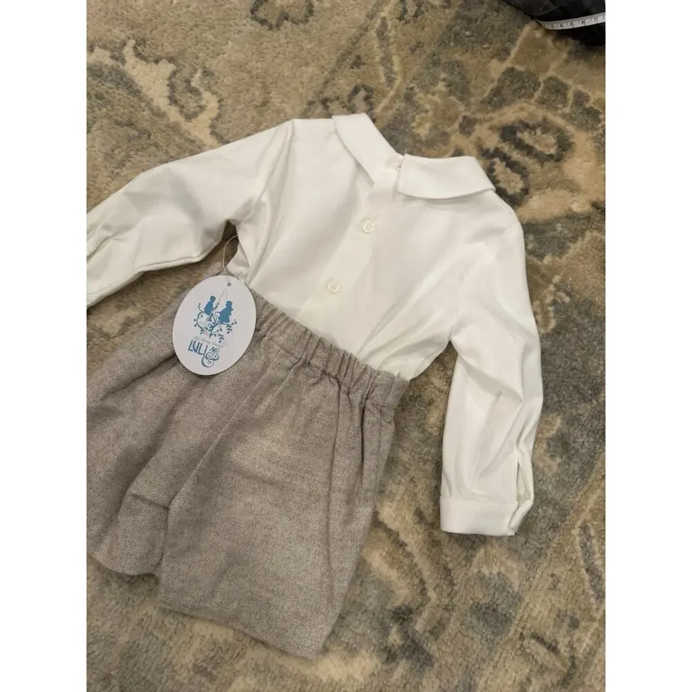 Luli & Me Long Sleeve Brown Tweed Button On Short Set Fall 6 Months NWT
